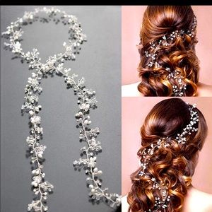 Luxury Leaf Floral Headband Pearl Crystal Long Bridal Hairbands Headpiece